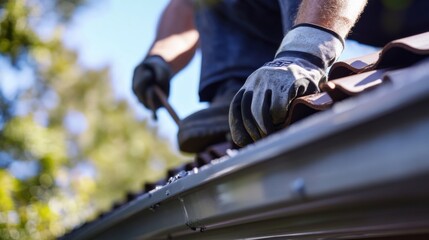 Roofer cleaning roof gutters at a construction site. Featuring focus and attention to detail