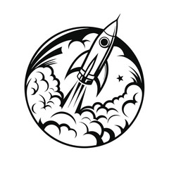 Rocket Launching Through Clouds in Black and White, Stylized, Isolated on White © Shipon