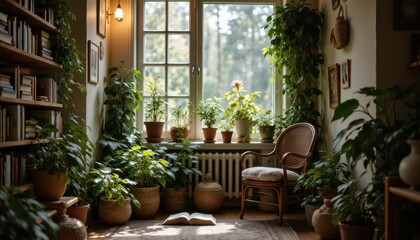 Cozy Indoor Plant Corner with Natural Light and Comfortable Chair by the Window