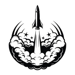 Rocket Launching Silhouette with Clouds and Stars in Round Emblem Style Design