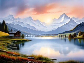 Naklejka premium Beautiful autumn landscape with mountains and lake
