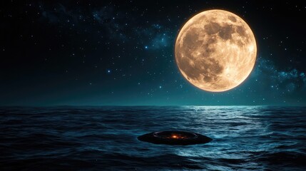 Landscape of alien planet with glowing oceanic and craters concept. A mysterious UFO above serene water under a glowing moon.