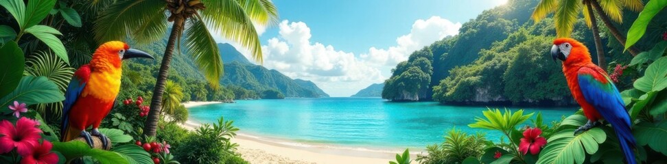 Fototapeta premium Rectangular collage featuring tropical landscapes and exotic birds, birds, composition