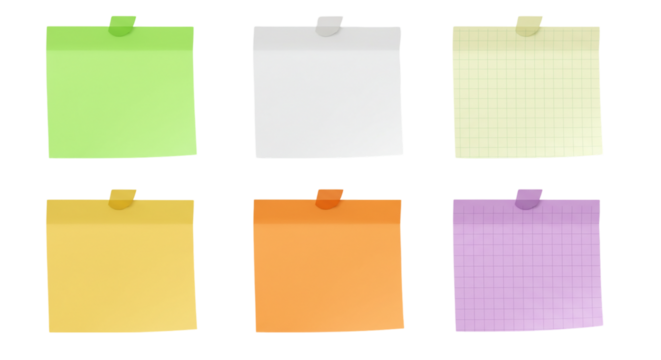 Six colorful sticky notes attached with tape on a black background in a simple illustration style retro color paper texture transparent background