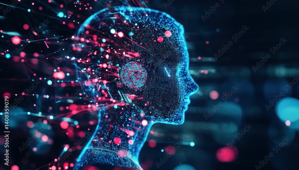 Poster intricate digital representation of a human profile emerging from data streams