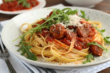 Delicious Linguine with Italian Sausage Meatballs in Marinara Sauce and Fresh Arugula
