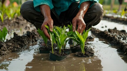Muddy Hands Planting Lush Green Saplings in Flooded Field