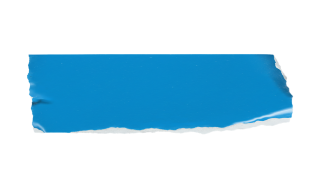 A blue torn paper sticker with a black background showing texture and rough edges in close up view color full paper texture transparent background