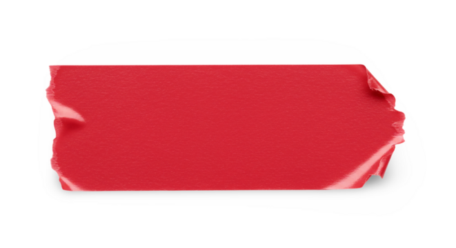 A red rectangular piece of tape with torn edges isolated on a black background in a studio shot color full paper texture transparent background