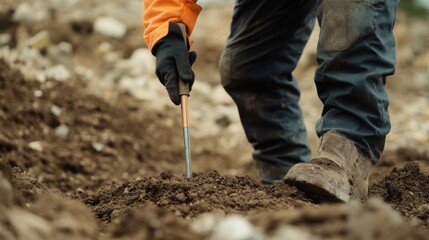 A construction worker testing soil compaction with a soil probe. Featuring testing and measurement