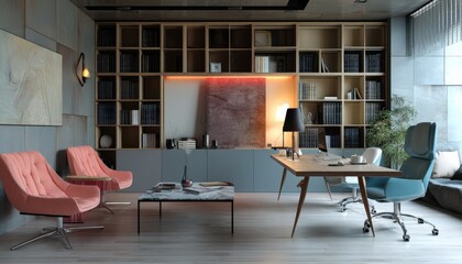The stylish office interior blends functionality with aesthetics