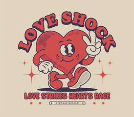 Colorful retro cartoon heart character with a fun and playful design style. Ideal for t-shirt prints, posters, and creative artwork