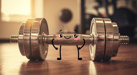 Dumbbell Character on Wood Floor in Gym Illustration
