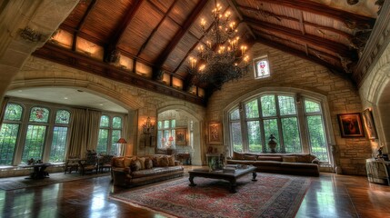 Stone-walled room with vaulted wood ceiling, ornate chandelier, large windows, & elegant furniture