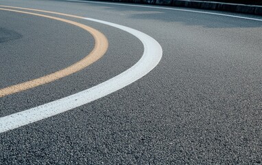 Obraz premium Curved White and Yellow Lane Markings on Asphalt Road