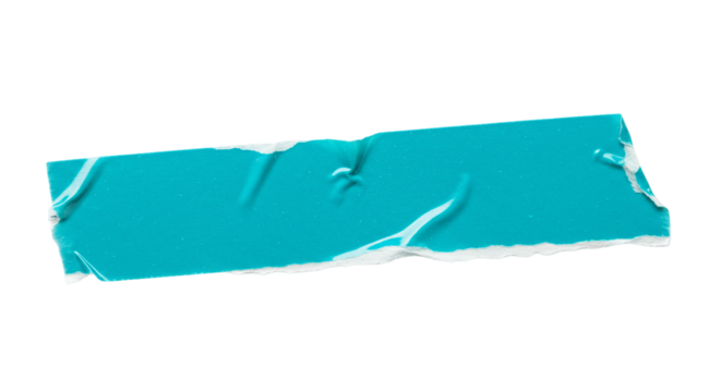 Isolated strip of glossy turquoise tape with wrinkles and torn edges on a black background color full paper texture transparent background