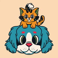 Catte Dog With Kitten on His Head. A patient Queensland Heeler mixed breed dog laying against a white backdrop and rolling his eyes up at a little kitten sitting on his head