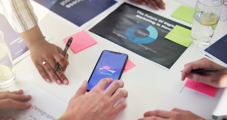 Phone screen, business people and team planning with app for marketing music software or campaign...