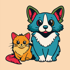 Catte Dog With Kitten on His Head. A patient Queensland Heeler mixed breed dog laying against a white backdrop and rolling his eyes up at a little kitten sitting on his head