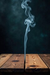 empty wooden table on dark background with smoke floating upwards, minimalist, dark, wooden table
