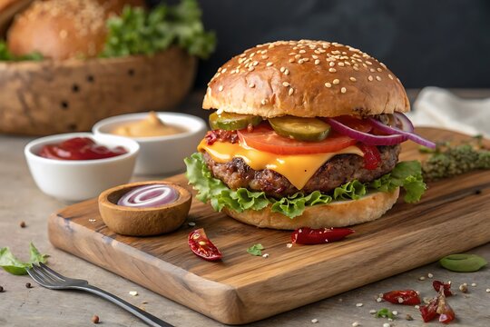 Juicy Cheeseburger on Wooden Board with Condiments and Fresh Ingredients
