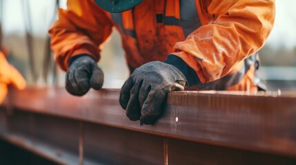 A construction worker securing a steel beam in place. Featuring teamwork and strength