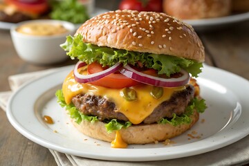 Juicy Cheeseburger with Sesame Seed Bun Lettuce Tomato and Onion