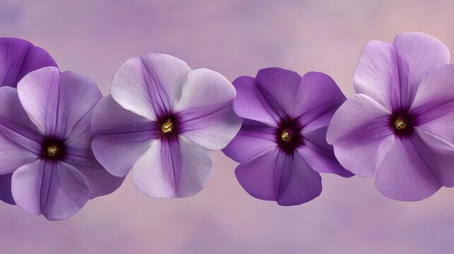 Purple Phlox Flowers Row, Soft Lilac Background Botanical Image