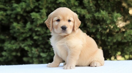 Golden retriever puppy with bright eyes sits calmly, radiating innocence and warmth.
