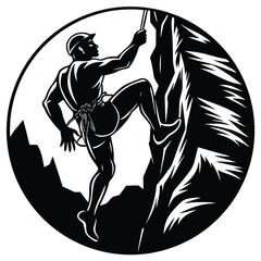 Climber Silhouette on Cliffside, Monochrome Design, Round Frame, Outdoor Sport Theme