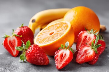 A table is adorned with fresh strawberries, oranges, bananas, and sliced oranges, Hello Summer background.