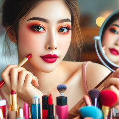 woman applying make up	