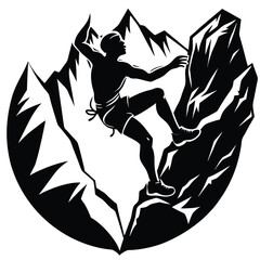 Black Silhouette of Man Rock Climbing on Mountain Peaks, Isolated Against White