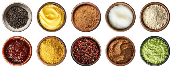Variety of Seasonings and Condiments in Small Bowls for Culinary Inspiration and Recipe Enhancement in Vibrant Colors and Textures. Piquant food set.