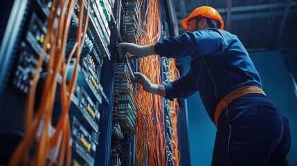 Cable technician laying fiber optic cables at a telecommunications site. Featuring precision and innovation