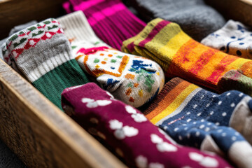 Fototapeta premium A drawer full of matching socks except for one mismatched pattern, capturing the charm of imperfection and authenticity