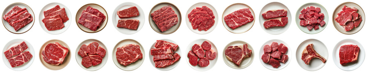 Assorted Beef Cuts on Plates Displaying Variety of Fresh Red Meat for Culinary Inspiration and Recipe Ideas. Piquant food set.