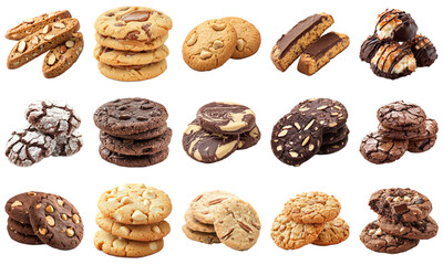 Assorted Delicious Cookies on White Background, Featuring Varied Textures, Shapes, and Toppings for Culinary and Dessert Photography Needs. Piquant food set.