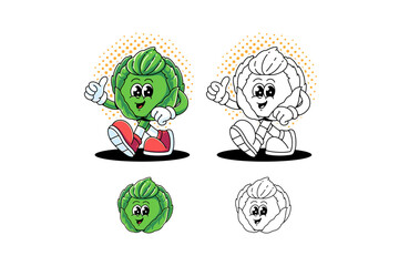 cabbage vegetable retro cartoon character mascot illustration with walking pose and showing thumb up for market, farmer, agriculture, restaurant mascots and merchandise