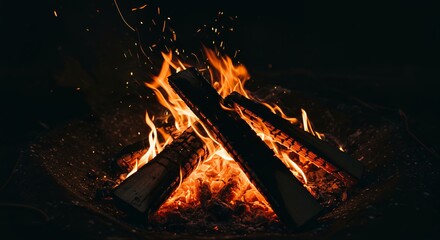 Naklejka premium Burning Campfire with Flames and Embers at Night