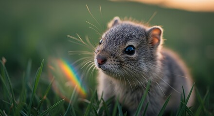 Obraz premium Cute Little Rodent Sitting in Green Grass with a Rainbow Flare