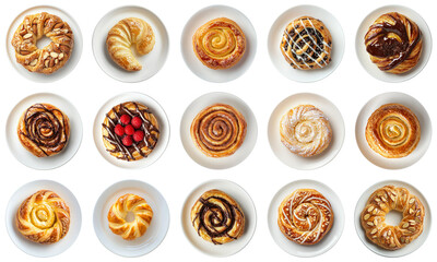 Assorted Baked Pastries on White Plates Featuring Swirls, Chocolate, Almonds, and Fresh Fruit for Delicious Desserts or Breakfast Treats. Piquant food set.