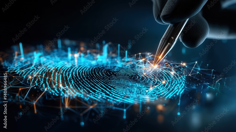 Poster intriguing close-up of a fingerprint being scanned into a high-tech fingerprint recognition device f