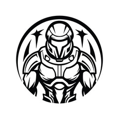 SciFi Warrior Bold Black and White Mascot Design with Stars and Armor