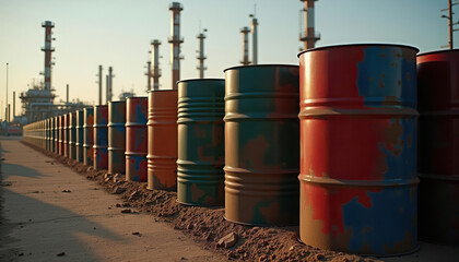Obraz premium Colorful barrels lined up, showcasing the industrial landscape and operations in an oil refinery setting., 3D render.