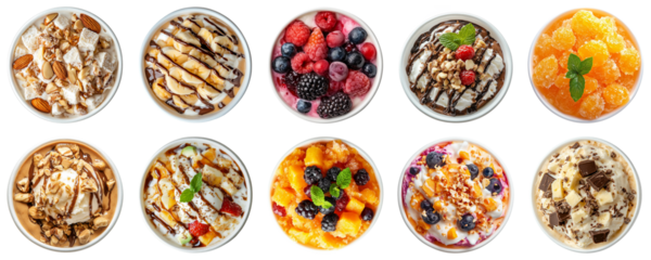 Delicious Assortment of Colorful and Tasty Desserts in Bowls, Featuring Ice Cream, Fruits, Nuts, and Chocolate Syrups. Piquant food set.