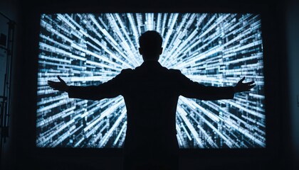 Silhouettes of a businessman in a digital network background with technology concept