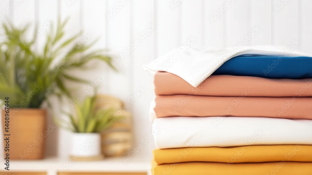 Aufkleber neatly arranged colorful fabrics in soft hues are stacked on a surface, complemented by a small pott