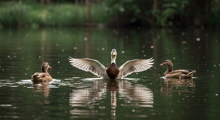 Fototapeta premium Duck Spreading Wings on Water Surrounded by Other Ducks