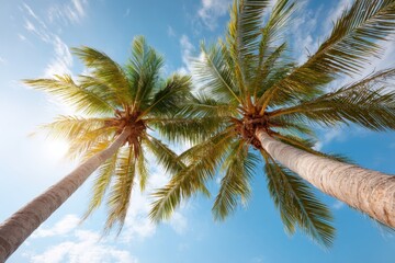 Obraz premium Two palm trees rise against a clear sky, showcasing a tropical vibe and serene atmosphere, Hello Summer background.